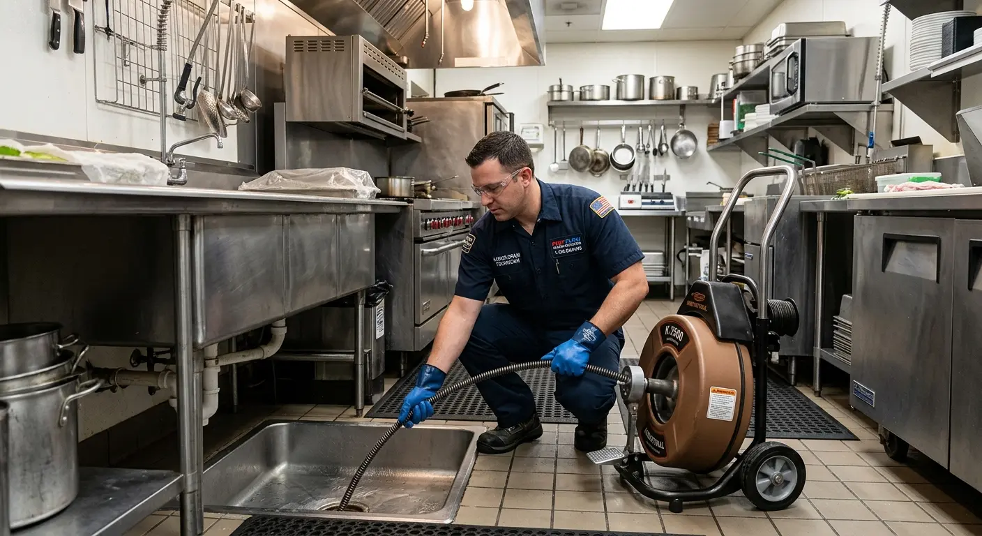 Commercial drain cleaning service in a restaurant kitchen in German Flatts