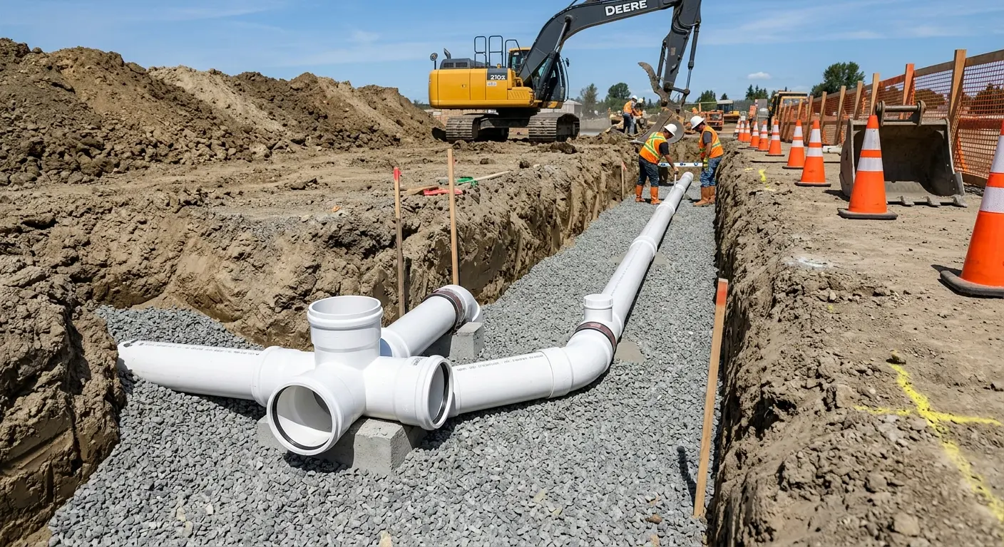 New PVC sewer pipe installation in open trench for Sewer Backup in German Flatts