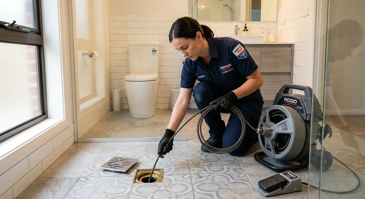 Technician clearing a bathroom floor drain for Drain Cleaning in German Flatts